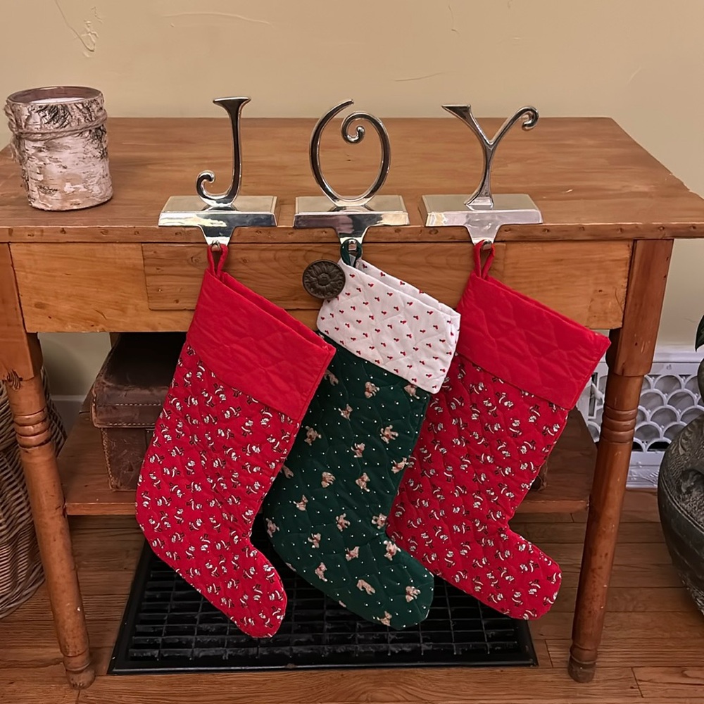 Pottery Barn JOY Silver Plated Christmas Stocking Holder Set